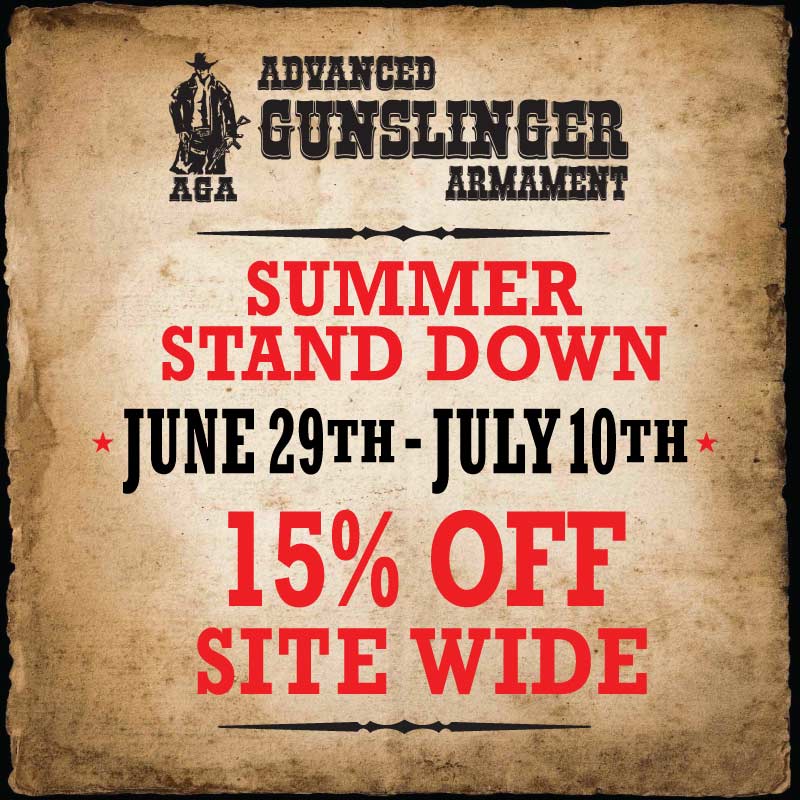 Retro poster for Advanced Gunslinger Armament advertising a Summer Stand Down, June 29–July 10, 15% off site-wide.